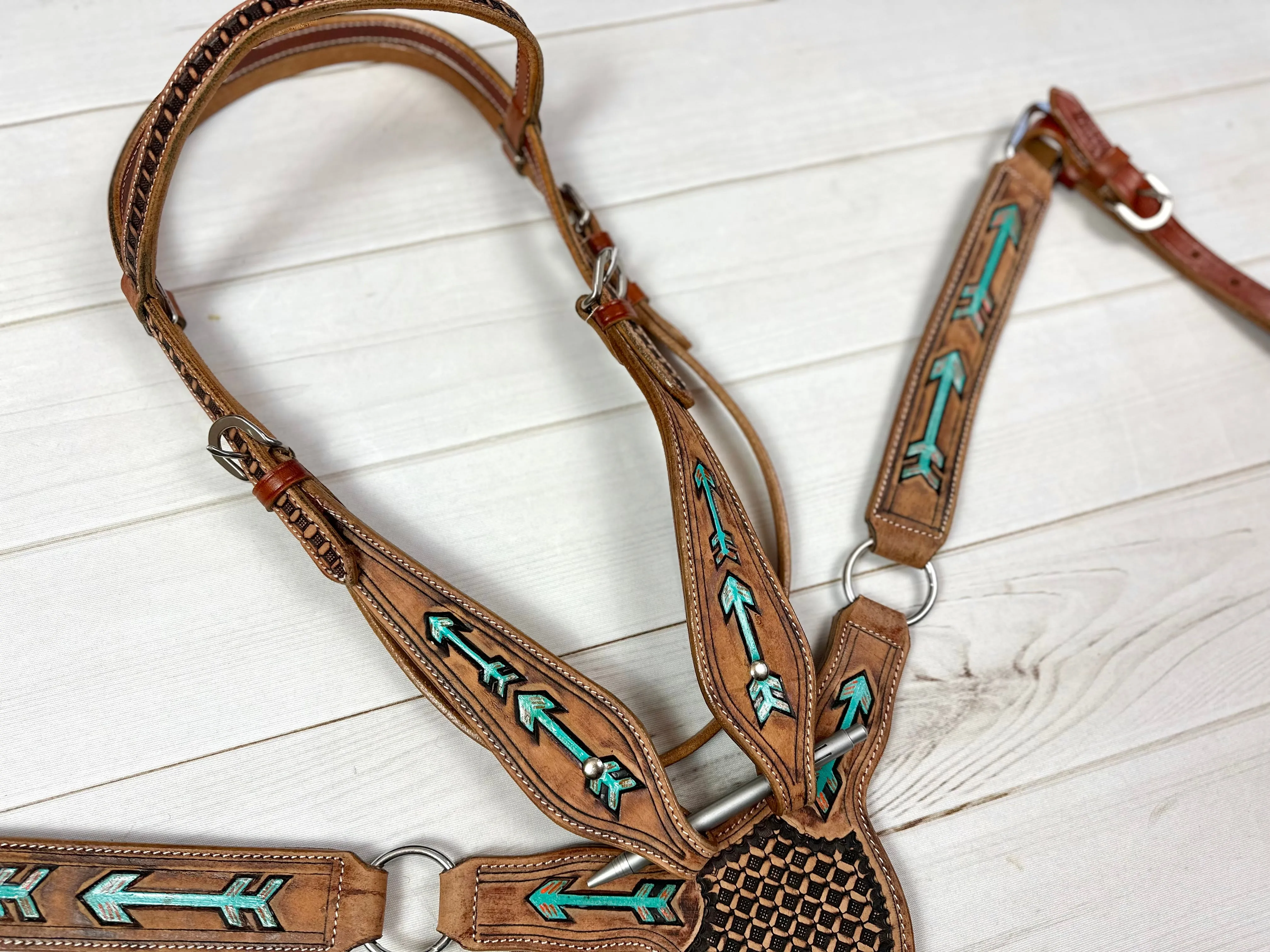 Tooled Hand painted Arrows - Gladiator Style Leather Tack Set