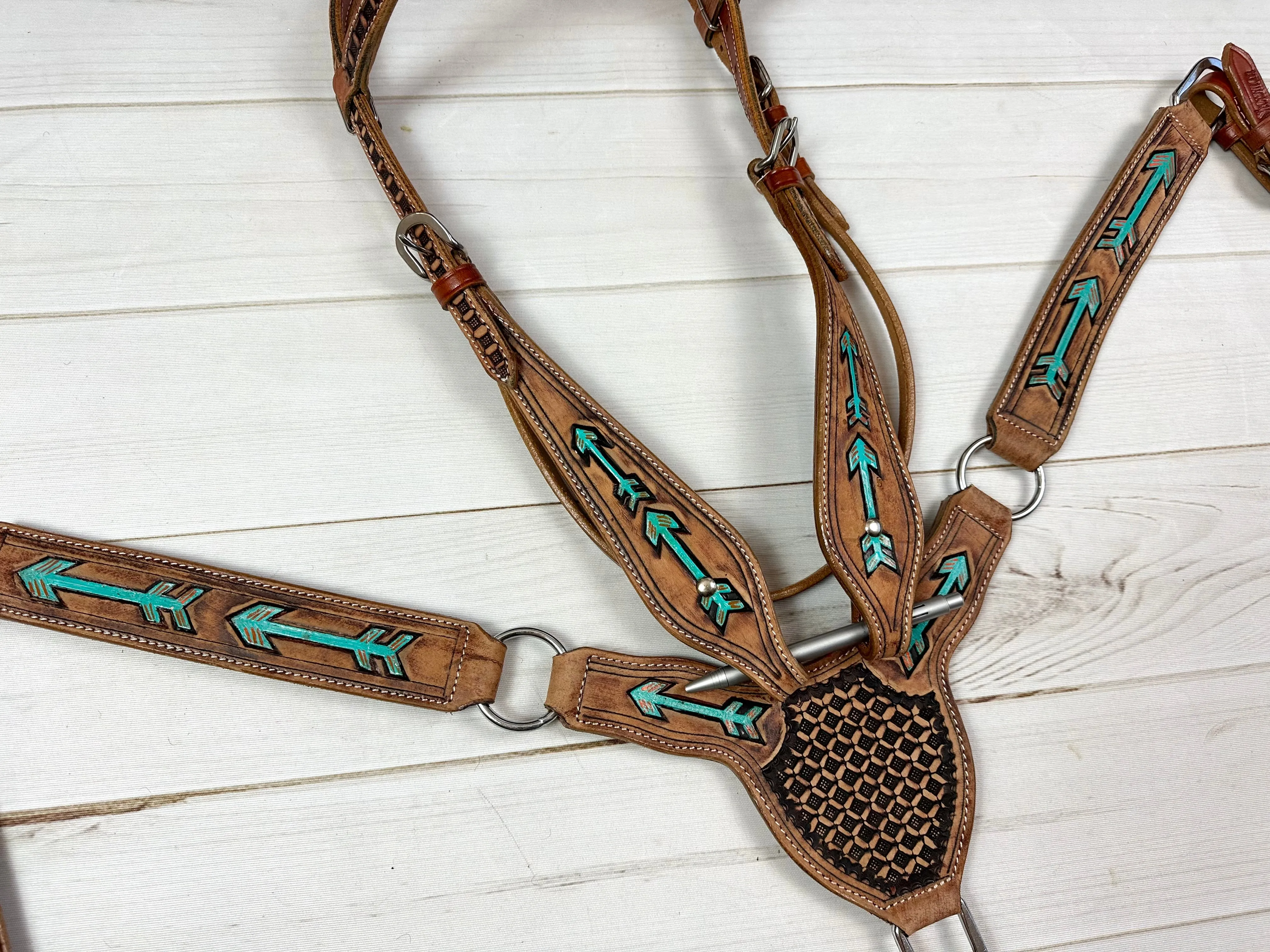 Tooled Hand painted Arrows - Gladiator Style Leather Tack Set