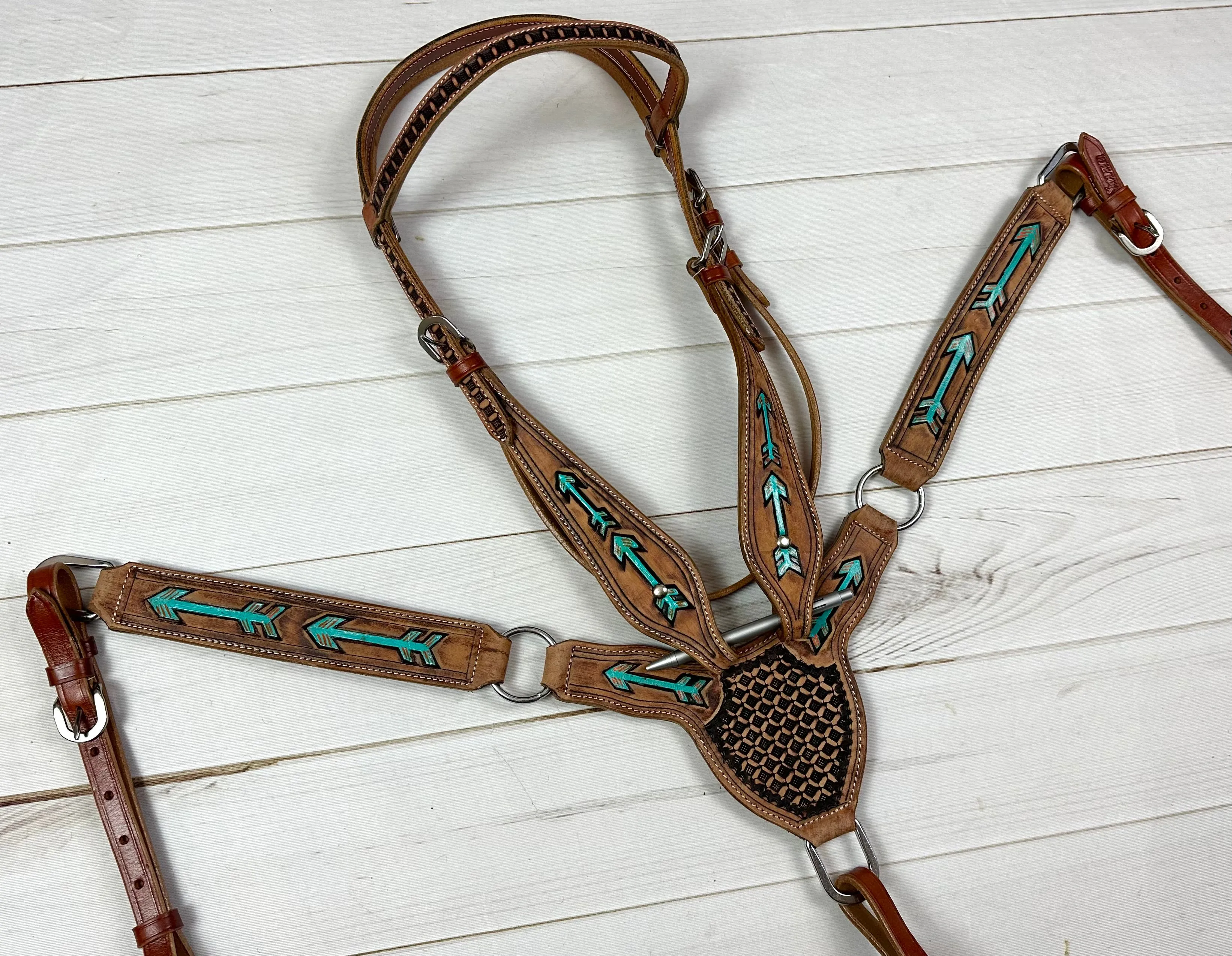 Tooled Hand painted Arrows - Gladiator Style Leather Tack Set