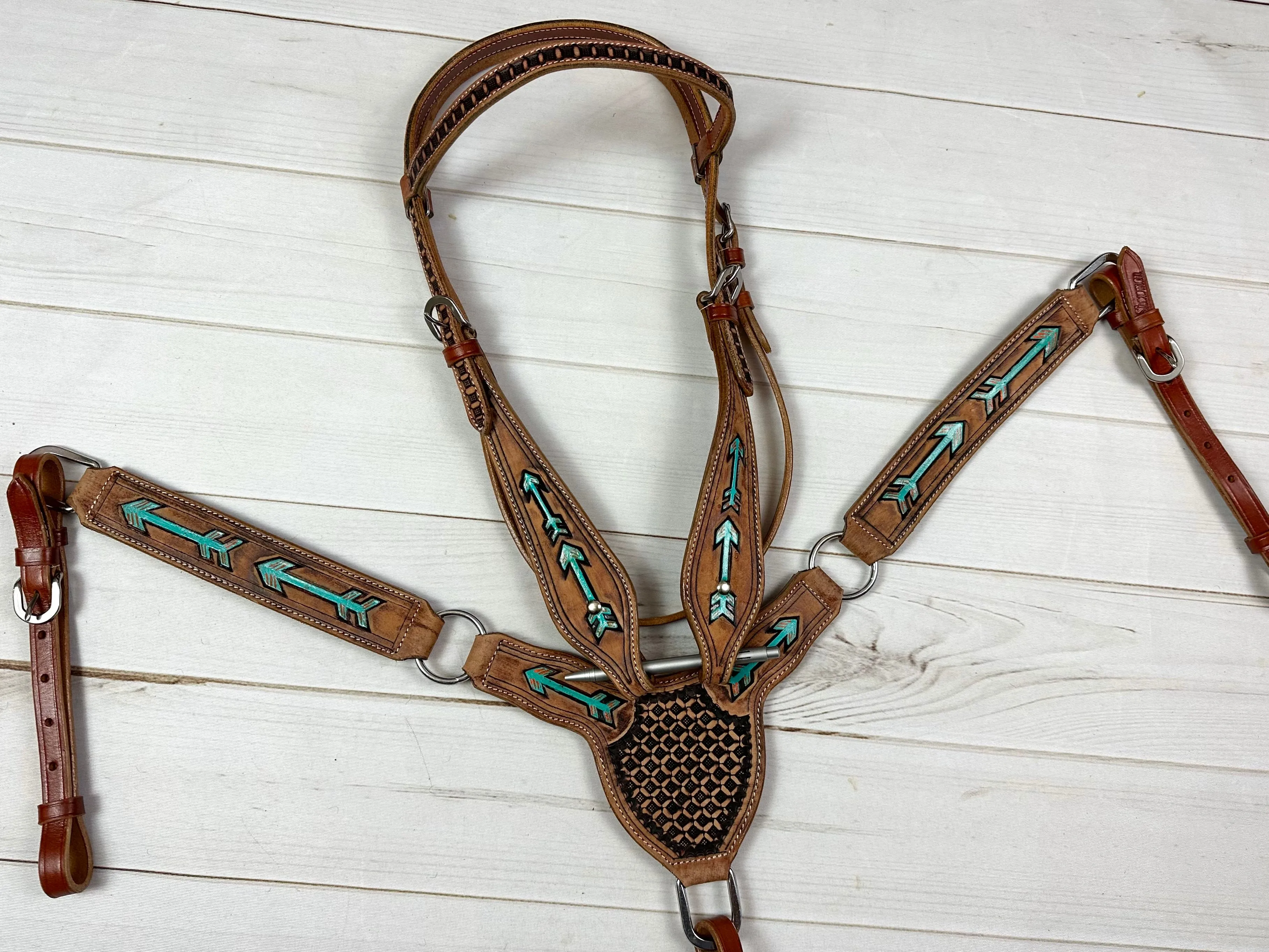 Tooled Hand painted Arrows - Gladiator Style Leather Tack Set