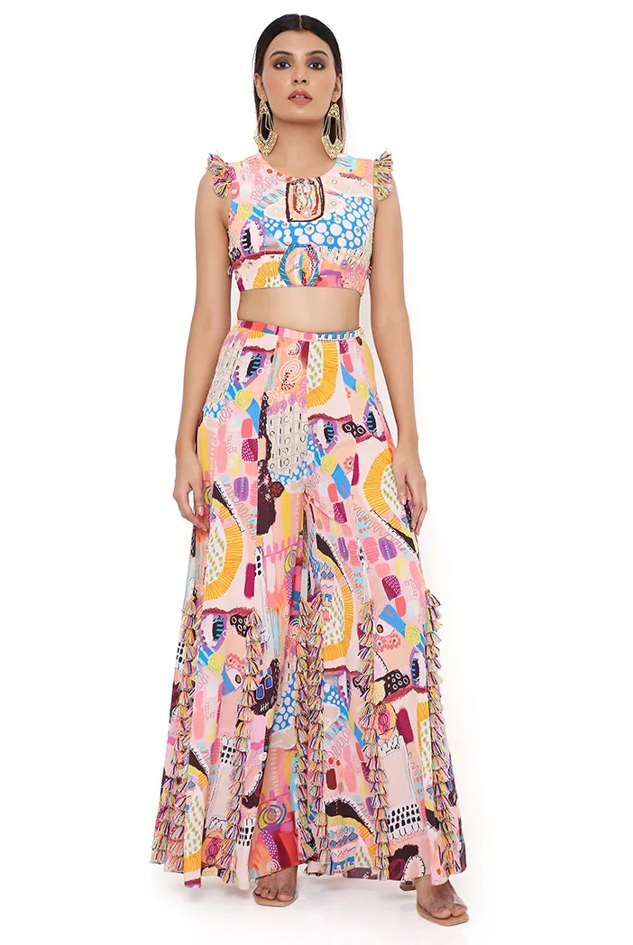 TRANCE PRINT CREPE EMBROIDERED CHOLI WITH SHARARA