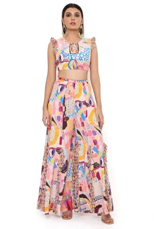 TRANCE PRINT CREPE EMBROIDERED CHOLI WITH SHARARA