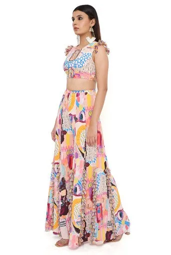 TRANCE PRINT CREPE EMBROIDERED CHOLI WITH SHARARA
