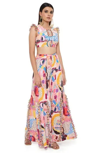 TRANCE PRINT CREPE EMBROIDERED CHOLI WITH SHARARA