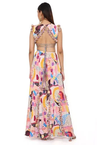 TRANCE PRINT CREPE EMBROIDERED CHOLI WITH SHARARA