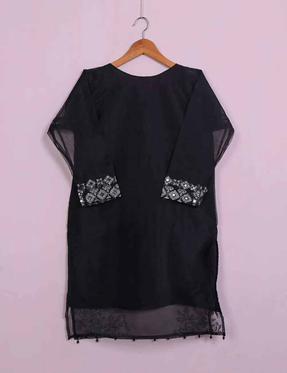 TS-113B-Black- Organza Embroidered Stitched Kurti With Mirror Work