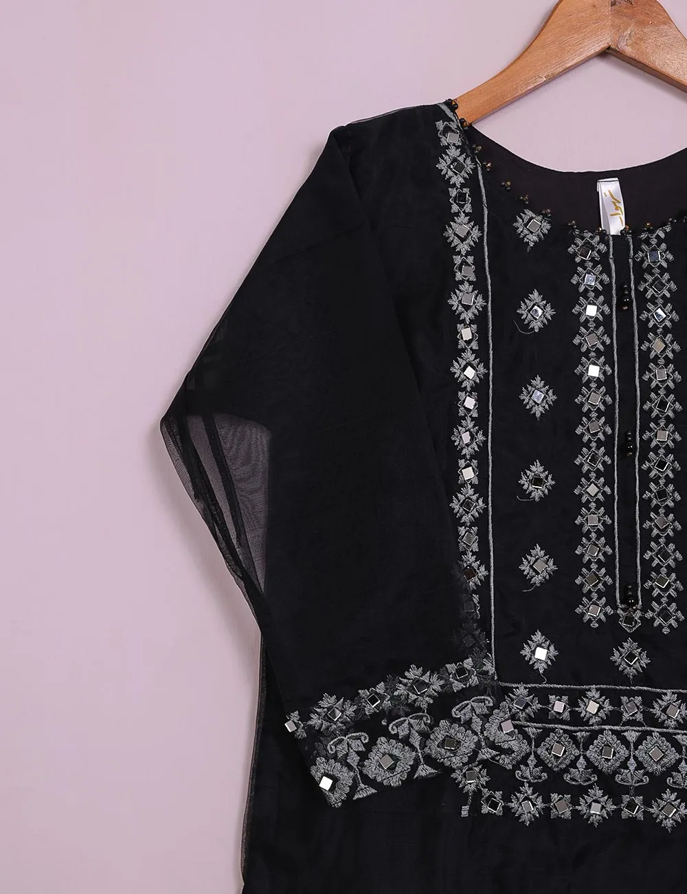 TS-113B-Black- Organza Embroidered Stitched Kurti With Mirror Work