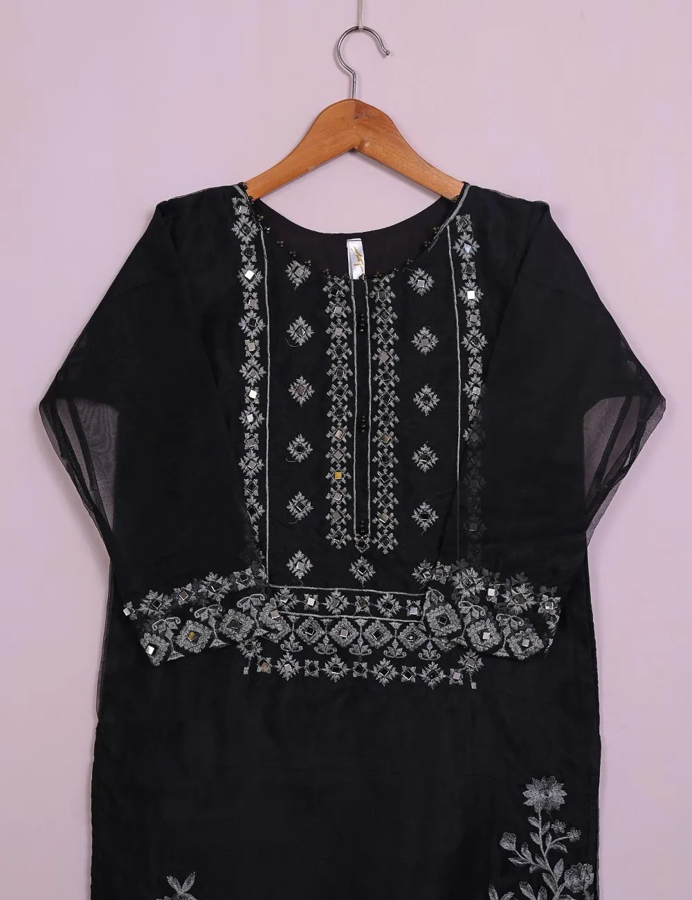 TS-113B-Black- Organza Embroidered Stitched Kurti With Mirror Work