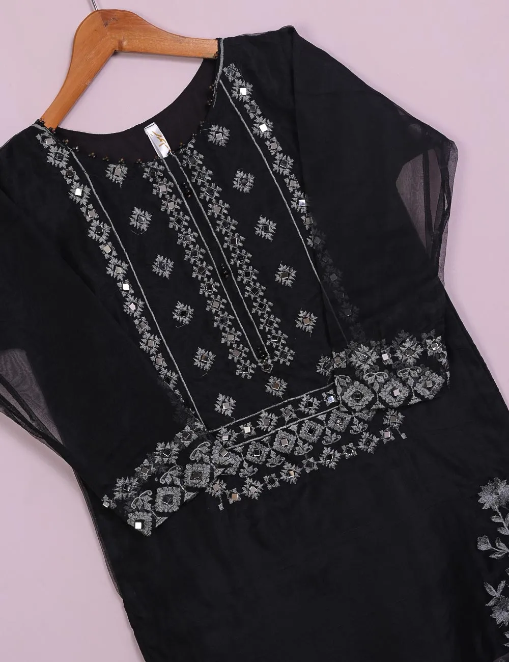 TS-113B-Black- Organza Embroidered Stitched Kurti With Mirror Work