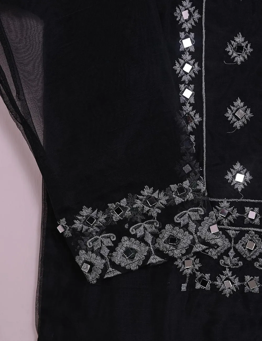 TS-113B-Black- Organza Embroidered Stitched Kurti With Mirror Work