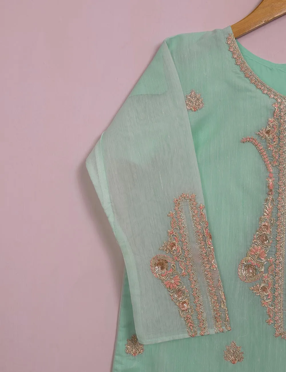 TS-116A-AquaGreen - Paper Cotton Embroidered Stitched Kurti