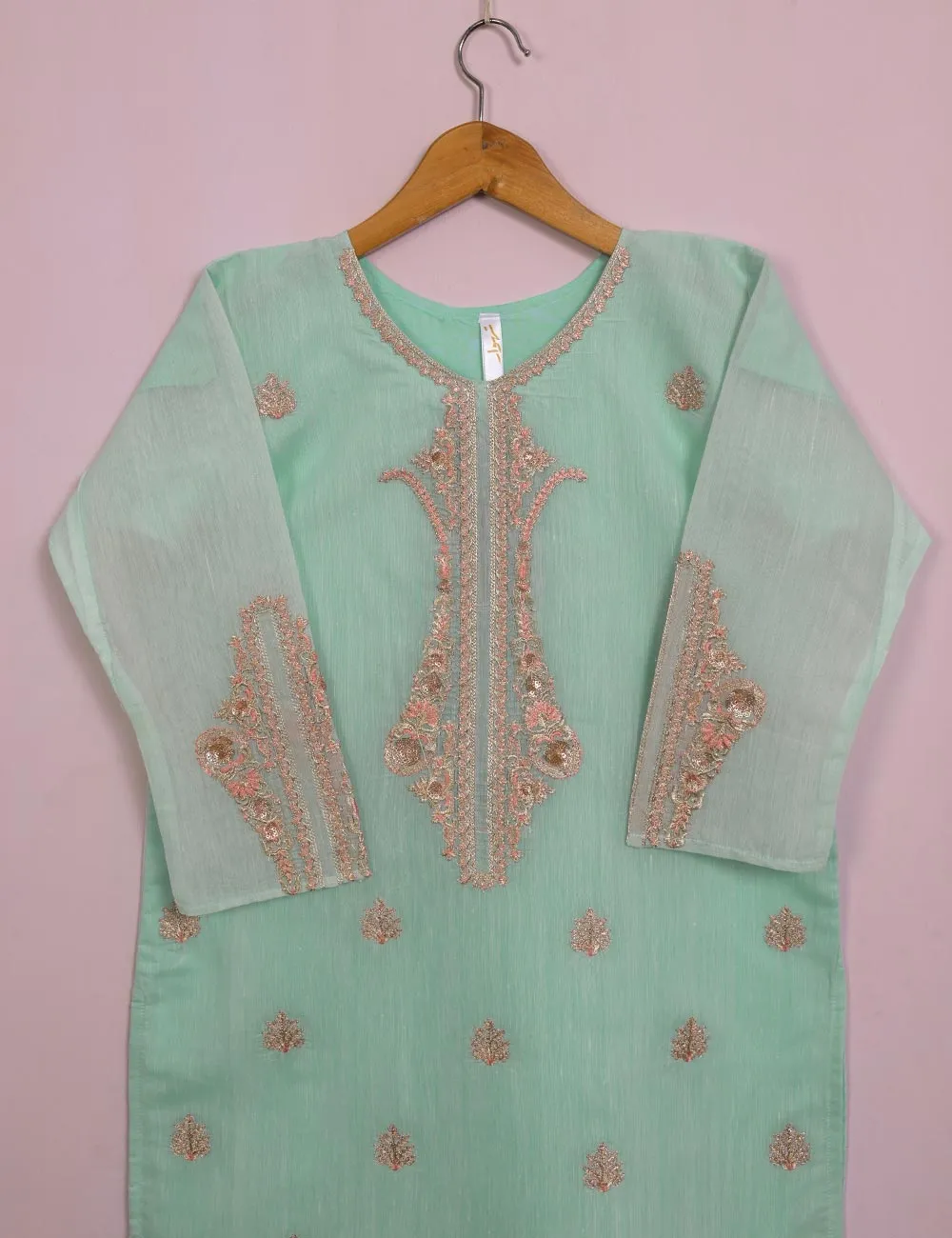 TS-116A-AquaGreen - Paper Cotton Embroidered Stitched Kurti