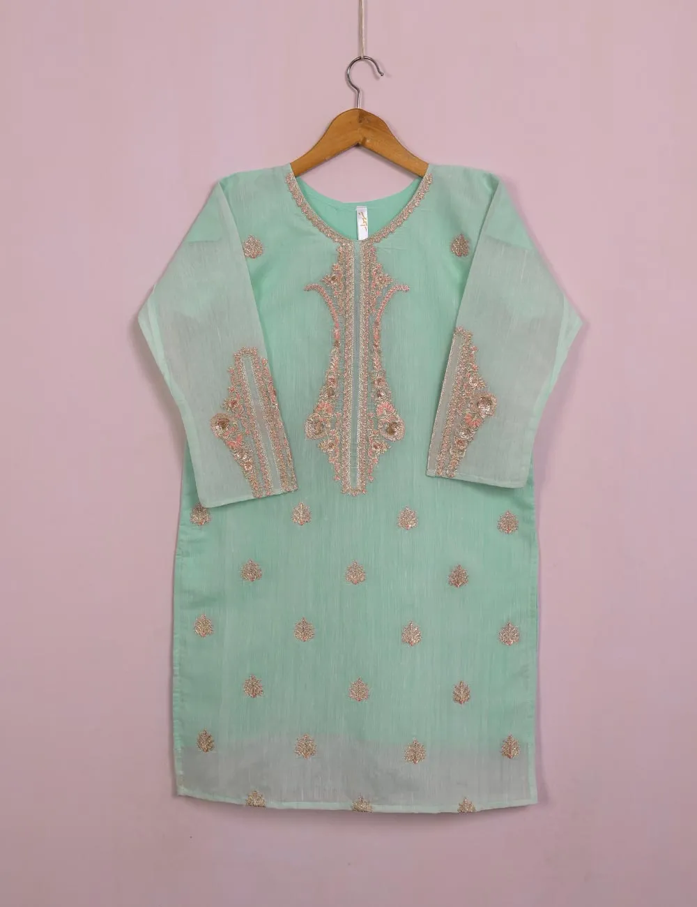 TS-116A-AquaGreen - Paper Cotton Embroidered Stitched Kurti