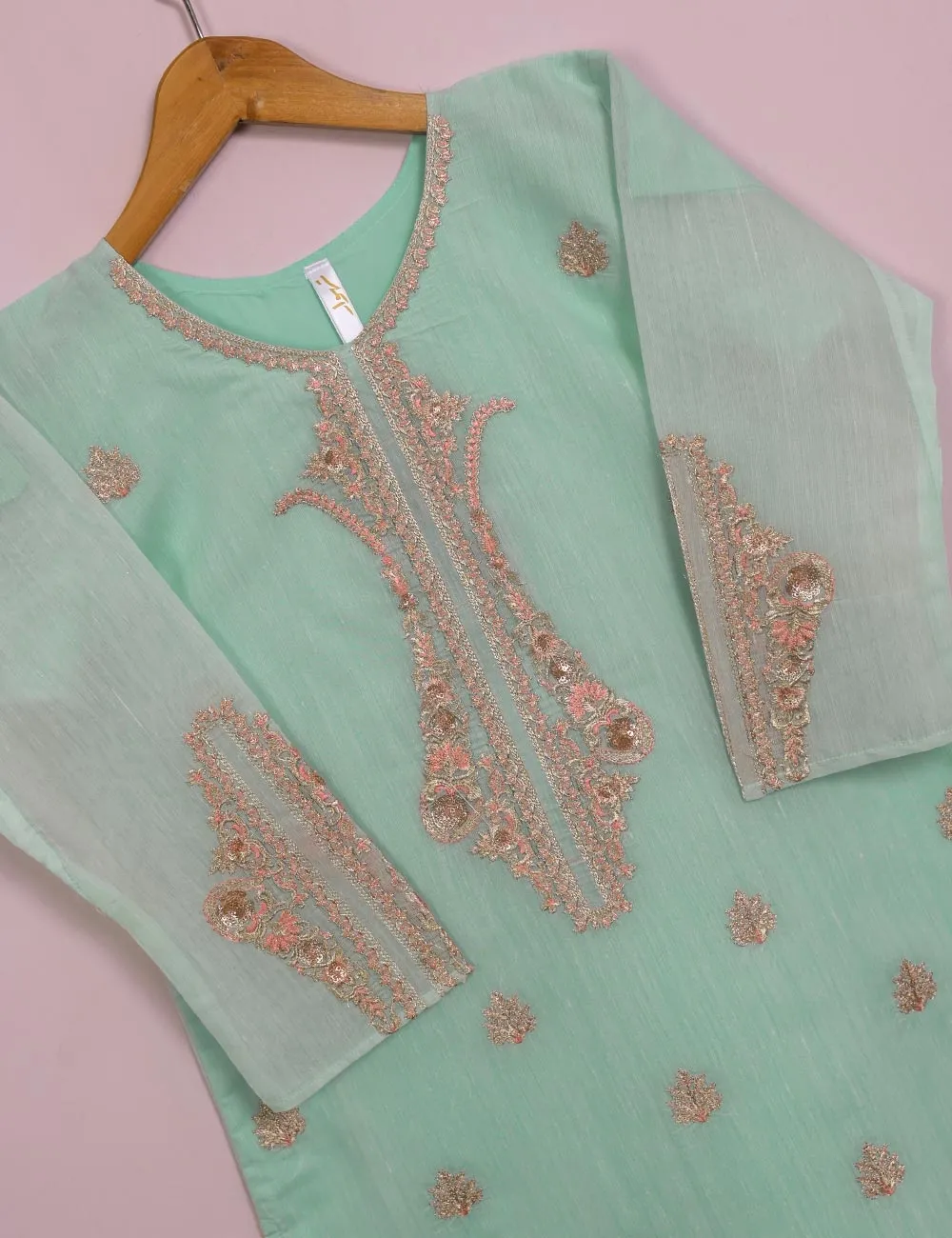 TS-116A-AquaGreen - Paper Cotton Embroidered Stitched Kurti
