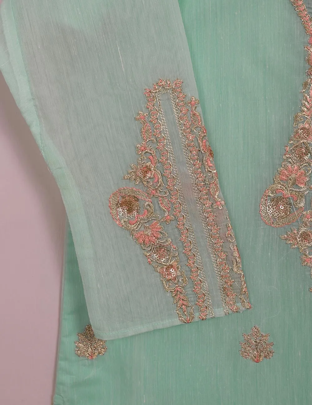 TS-116A-AquaGreen - Paper Cotton Embroidered Stitched Kurti