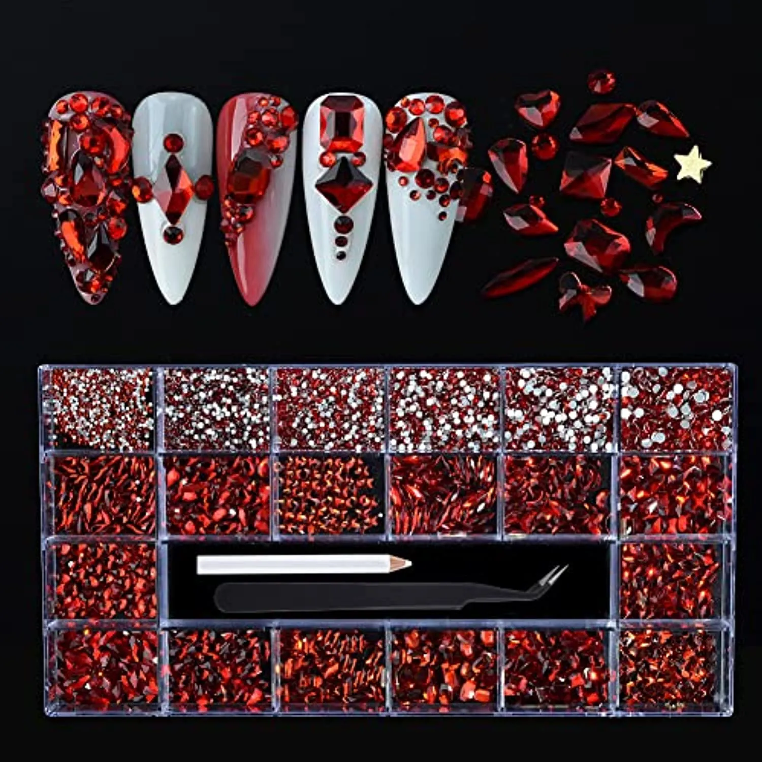 WEILUSI 8620PCS Nail Art Red Rhinestones Round Beads Flatback Crystals Gems Multi Shapes Glass Crystal Rhinestones for Nail Art Makeup Face Decor Crafts Supply