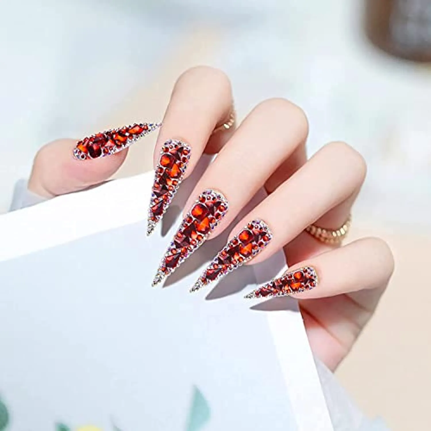 WEILUSI 8620PCS Nail Art Red Rhinestones Round Beads Flatback Crystals Gems Multi Shapes Glass Crystal Rhinestones for Nail Art Makeup Face Decor Crafts Supply