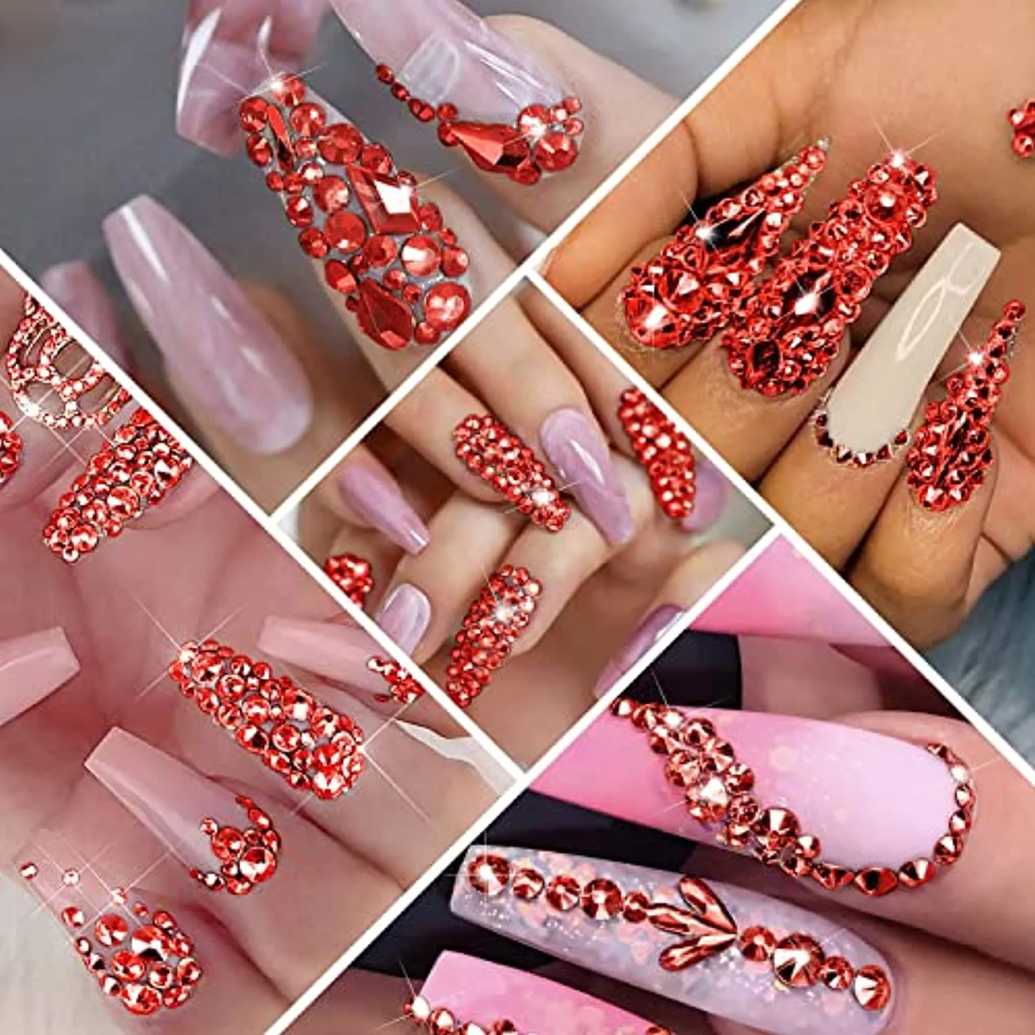 WEILUSI 8620PCS Nail Art Red Rhinestones Round Beads Flatback Crystals Gems Multi Shapes Glass Crystal Rhinestones for Nail Art Makeup Face Decor Crafts Supply