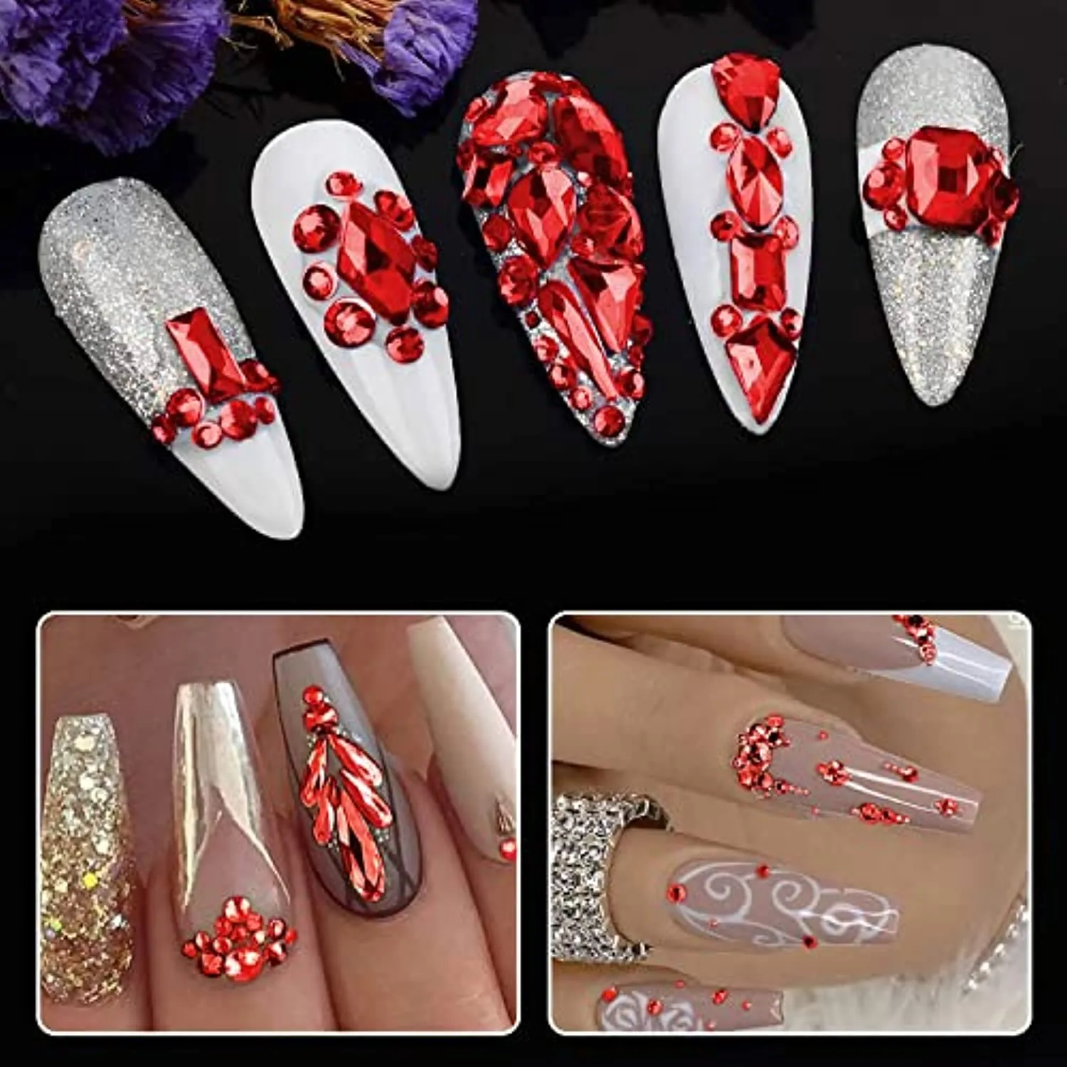 WEILUSI 8620PCS Nail Art Red Rhinestones Round Beads Flatback Crystals Gems Multi Shapes Glass Crystal Rhinestones for Nail Art Makeup Face Decor Crafts Supply
