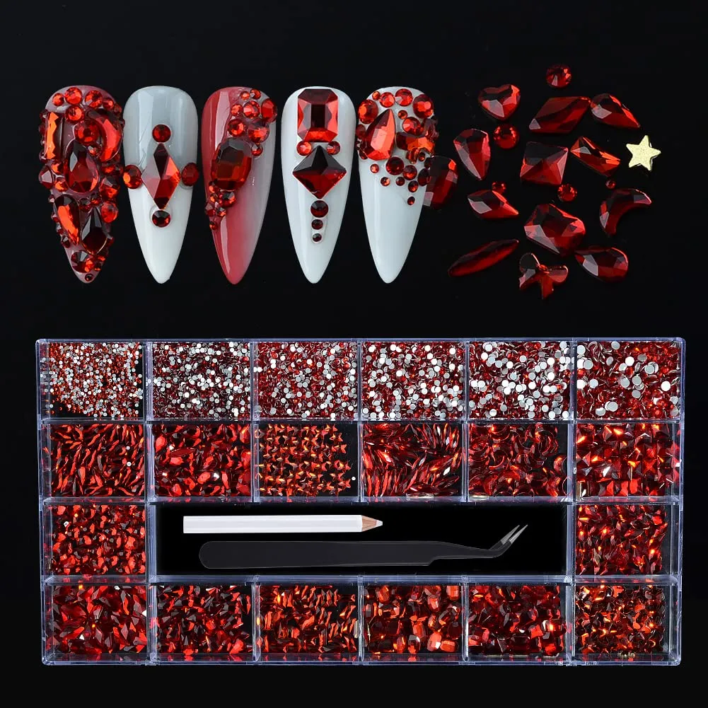 WEILUSI 8620PCS Nail Art Red Rhinestones Round Beads Flatback Crystals Gems Multi Shapes Glass Crystal Rhinestones for Nail Art Makeup Face Decor Crafts Supply