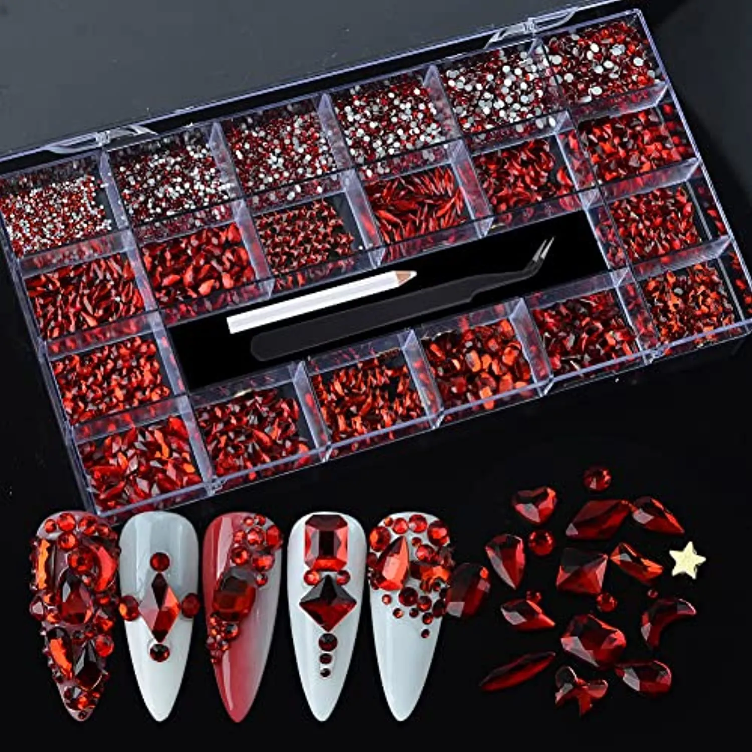 WEILUSI 8620PCS Nail Art Red Rhinestones Round Beads Flatback Crystals Gems Multi Shapes Glass Crystal Rhinestones for Nail Art Makeup Face Decor Crafts Supply