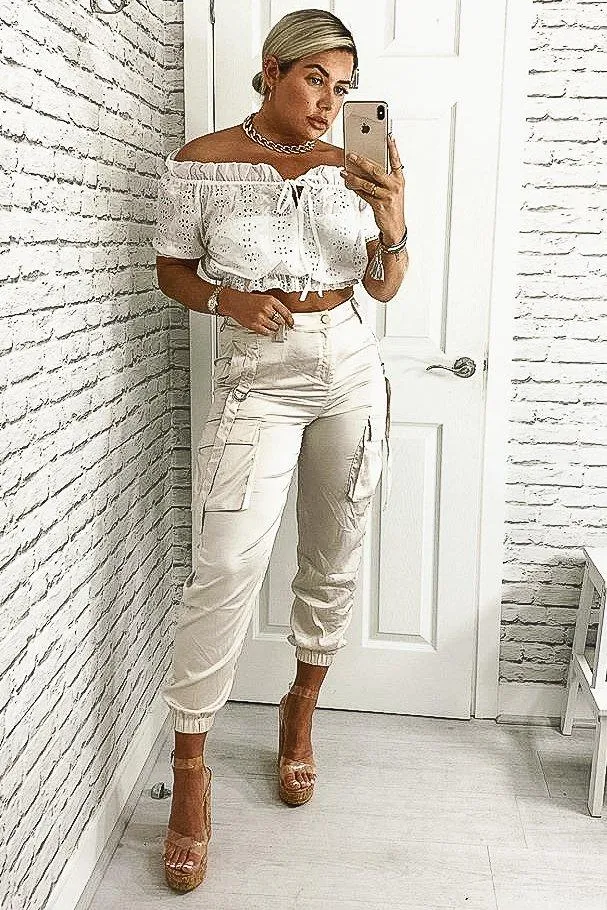 White Embroidered Flower Tie Front Crop Top - Garner