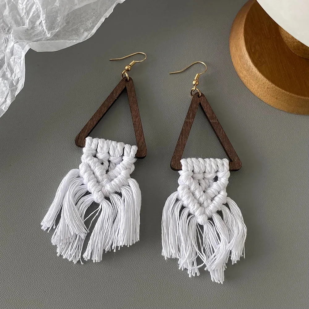 White Rattan Knit Tassel Earrings | Braided Boho Earrings | Lightweight Women's Jewelry