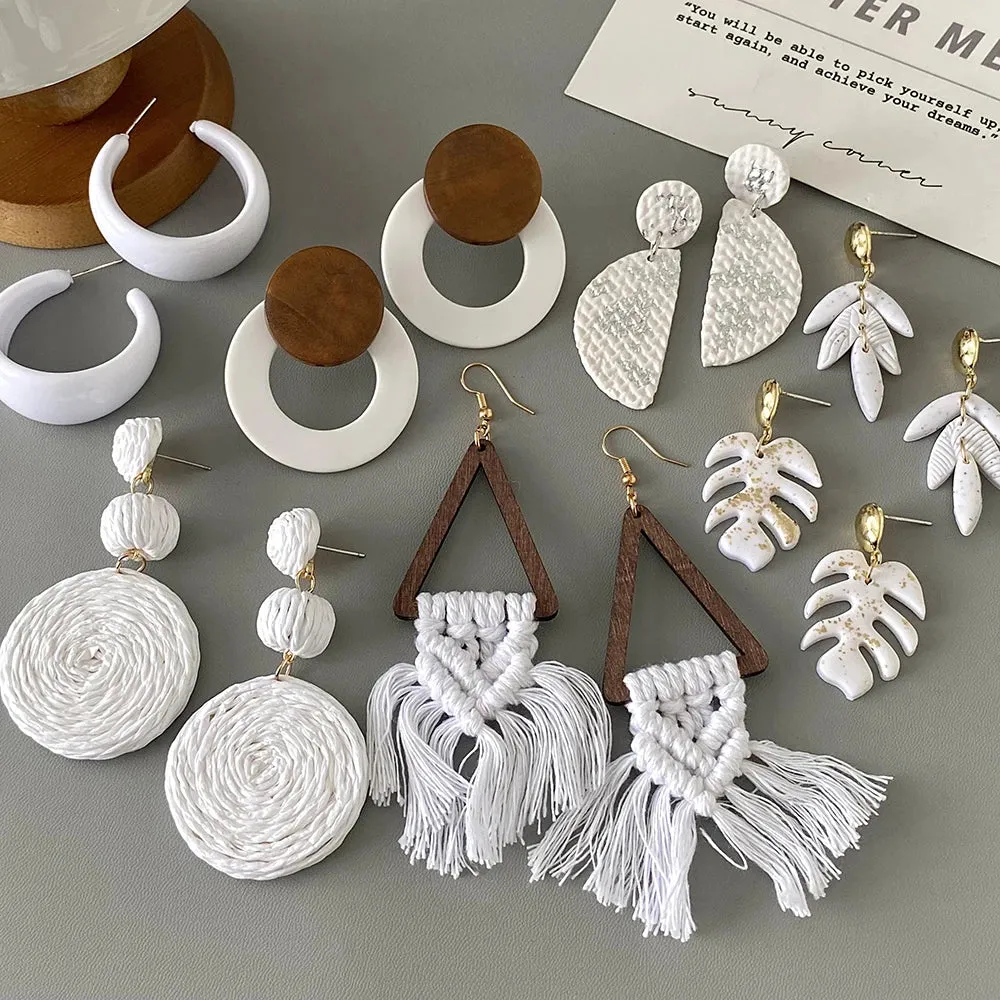 White Rattan Knit Tassel Earrings | Braided Boho Earrings | Lightweight Women's Jewelry