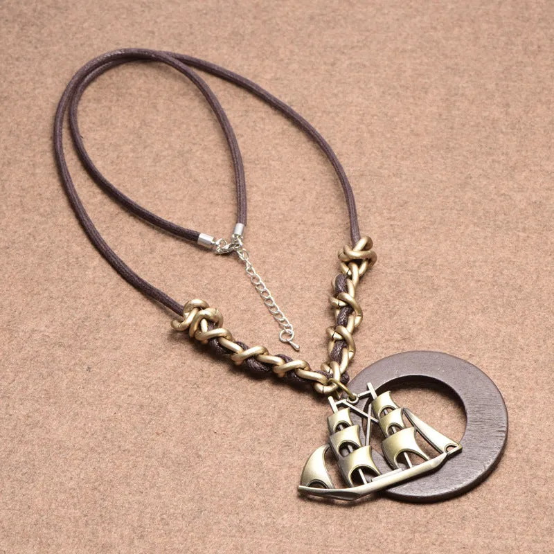 Wooden Necklace with Ship Pendant