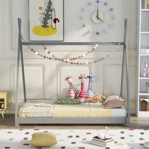 Wooden Twin Size Platform Bed W/Triangle Structure Kids Bedframe