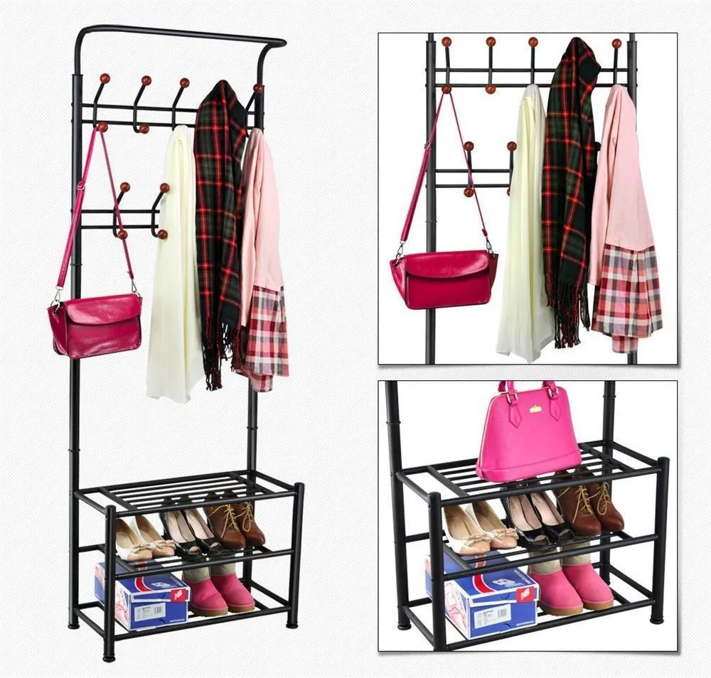 World Pride Metal Multi-purpose Clothes Coat Stand, Shoes Rack Umbrella Stand, With 18 Hanging Hooks, Max Load Capicity Up to 67.5Kg/148.8Lb, 26.7 x 12.2 x 74" Black