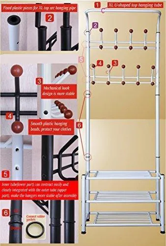 World Pride Metal Multi-purpose Clothes Coat Stand, Shoes Rack Umbrella Stand, With 18 Hanging Hooks, Max Load Capicity Up to 67.5Kg/148.8Lb, 26.7 x 12.2 x 74" Black