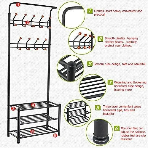 World Pride Metal Multi-purpose Clothes Coat Stand, Shoes Rack Umbrella Stand, With 18 Hanging Hooks, Max Load Capicity Up to 67.5Kg/148.8Lb, 26.7 x 12.2 x 74" Black