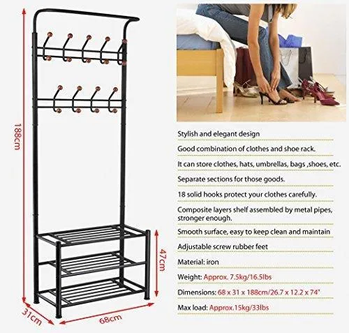 World Pride Metal Multi-purpose Clothes Coat Stand, Shoes Rack Umbrella Stand, With 18 Hanging Hooks, Max Load Capicity Up to 67.5Kg/148.8Lb, 26.7 x 12.2 x 74" Black