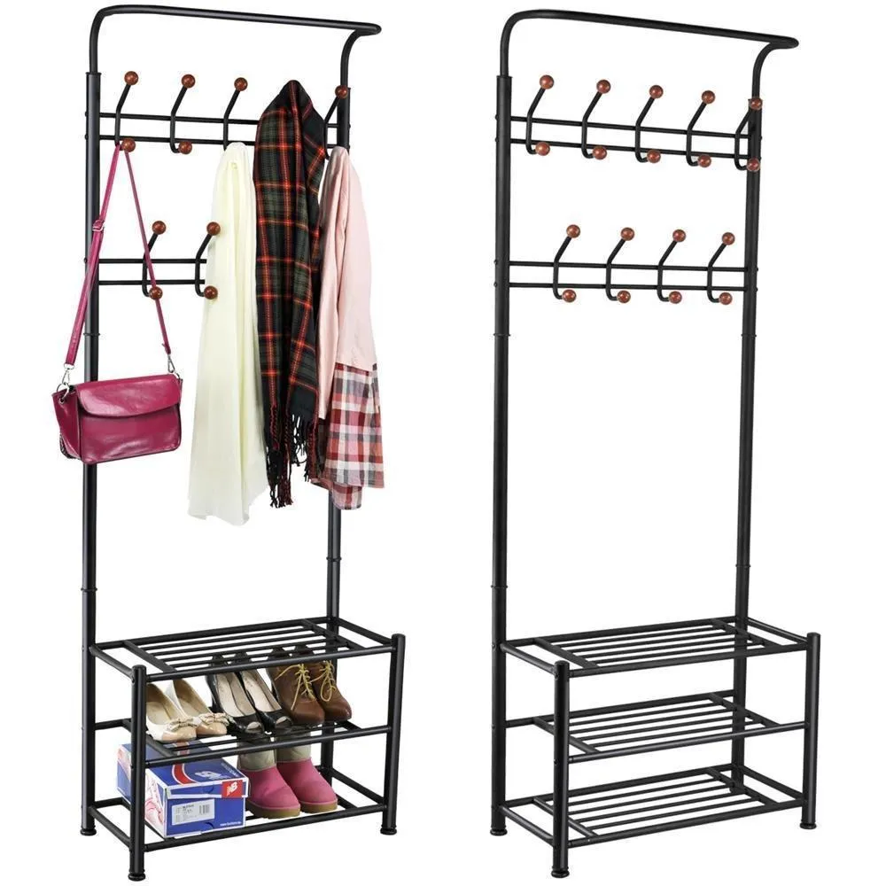 World Pride Metal Multi-purpose Clothes Coat Stand, Shoes Rack Umbrella Stand, With 18 Hanging Hooks, Max Load Capicity Up to 67.5Kg/148.8Lb, 26.7 x 12.2 x 74" Black