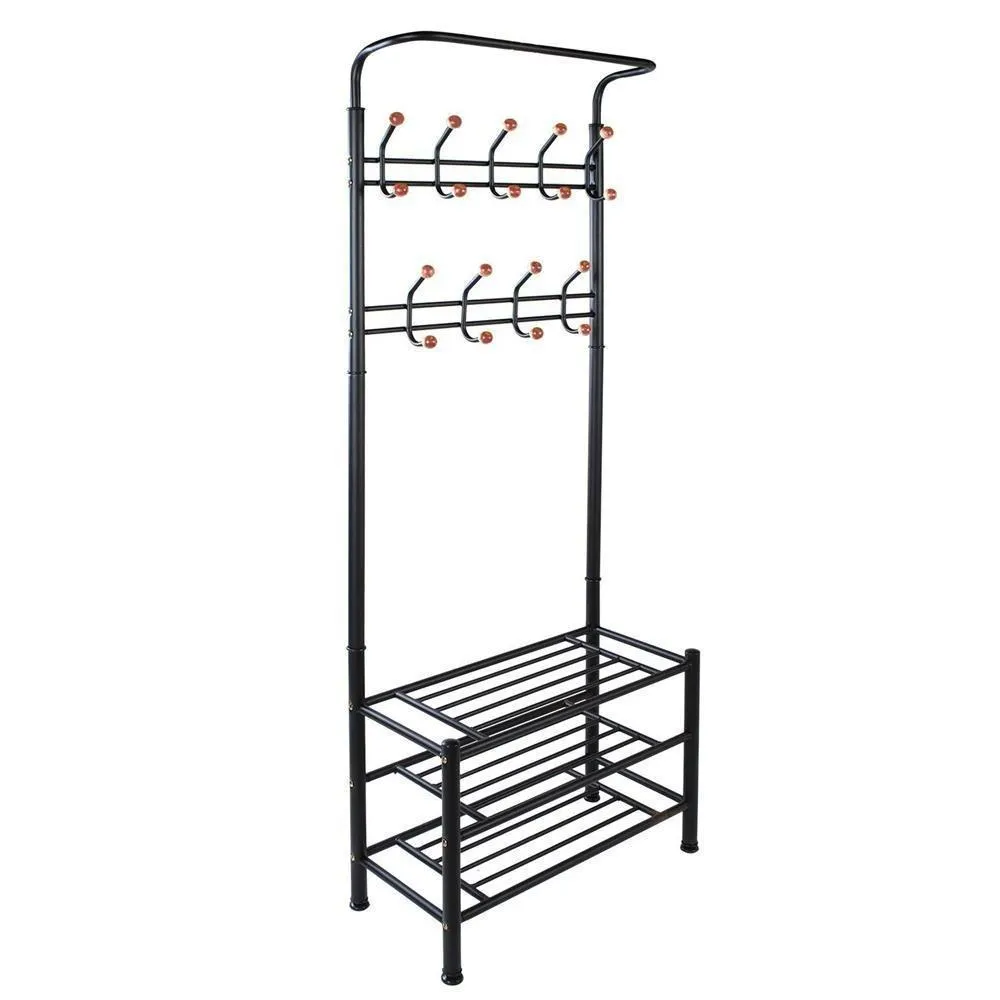 World Pride Metal Multi-purpose Clothes Coat Stand, Shoes Rack Umbrella Stand, With 18 Hanging Hooks, Max Load Capicity Up to 67.5Kg/148.8Lb, 26.7 x 12.2 x 74" Black