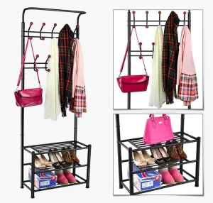 World Pride Metal Multi-purpose Clothes Coat Stand, Shoes Rack Umbrella Stand, With 18 Hanging Hooks, Max Load Capicity Up to 67.5Kg/148.8Lb, 26.7 x 12.2 x 74" Black